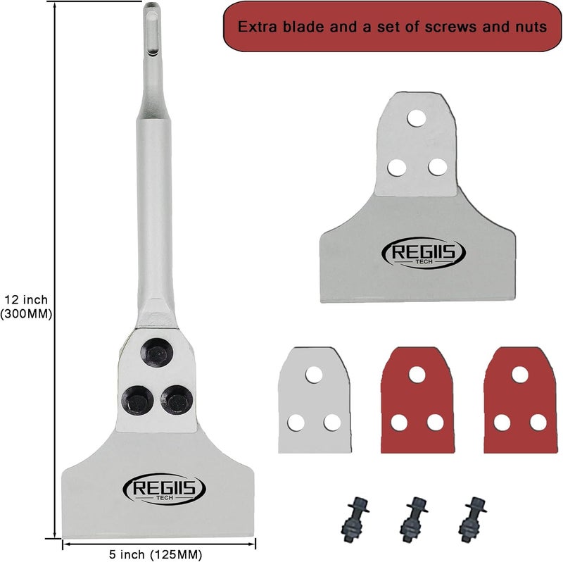 Regiis Tech SDS Plus Floor Scraper 5 in. x 12 in. Wide Tile Flooring Adhesives Remover, Thinset Removal Tool Chisel Bit with Spare Blades for Rotary Hammer Drill - Image 2